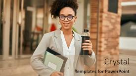  Presentation with water bottle - Presentation theme having young-african-american-businesswoman-holding background and a coral colored foreground