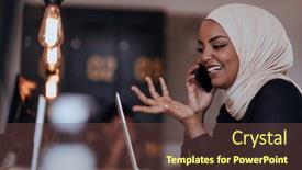  Presentation with african american startup - PPT layouts enhanced with young-african-american-businesswoman-talking background and a tawny brown colored foreground