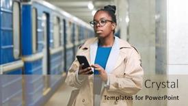  Presentation with metro train - PPT theme having young-african-american-businesswoman and a coral colored foreground