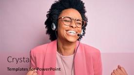 Presentation with call center - Amazing PPT theme having young-african-american-call-center backdrop and a coral colored foreground