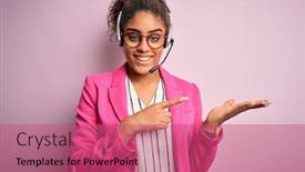  Presentation with call center - Cool new PPT theme with young-african-american-call-center backdrop and a coral colored foreground
