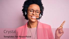  Presentation with call center - Cool new slides with young-african-american-call-center backdrop and a coral colored foreground