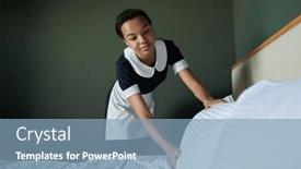  Presentation with bed hotel - Slide set consisting of young-african-american-chambermaid background and a light blue colored foreground