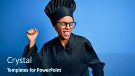  Presentation with blue music - PPT layouts consisting of young-african-american-chef-woman background and a navy blue colored foreground