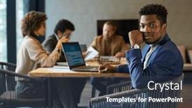  Presentation with coworkers - Presentation design featuring young-african-american-chief-executive background and a tawny brown colored foreground