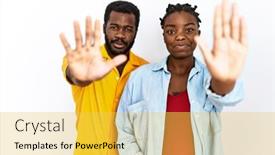  Presentation with hand palm - PPT theme enhanced with young-african-american-couple-wearing background and a yellow colored foreground