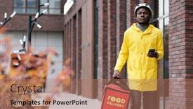  Presentation with courier bag - PPT theme enhanced with young-african-american-courier background and a coral colored foreground