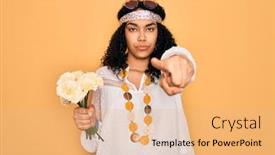  Presentation with hand holding flowers - Audience pleasing PPT theme consisting of young-african-american-curly-hippie backdrop and a coral colored foreground