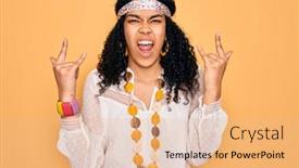  Presentation with vintage music - PPT theme consisting of young-african-american-curly-hippie background and a coral colored foreground