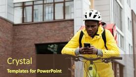  Presentation with online food - Slides featuring young-african-american-deliveryman background and a tawny brown colored foreground