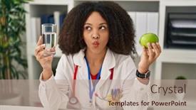  Presentation with fresh water - Theme enhanced with young-african-american-dietitian-woman background and a coral colored foreground