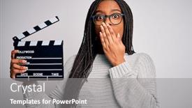  Presentation with clapboard - PPT theme featuring young-african-american-director-girl background and a gray colored foreground
