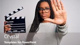  Presentation with director - Audience pleasing presentation theme consisting of young-african-american-director-girl backdrop and a gray colored foreground