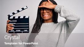  Presentation with director - Slide set having young-african-american-director-girl background and a gray colored foreground