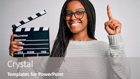  Presentation with director - Beautiful PPT theme featuring young-african-american-director-girl backdrop and a gray colored foreground