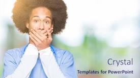  Presentation with african american leadership - Colorful slides enhanced with young african american doctor man with afro hair shocked covering mouth with hands for mistake secret concept backdrop and a light blue colored foreground