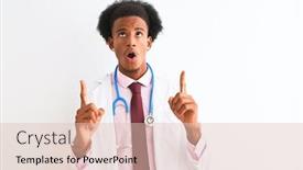  Presentation with doctor african - Beautiful slide set featuring young african american doctor man wearing sthetoscope over isolated white background amazed and surprised looking up and pointing with fingers and raised arms backdrop and a lemonade colored foreground