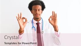  Presentation with doctor african - Presentation with young african american doctor man wearing sthetoscope over isolated white background relax and smiling with eyes closed doing meditation gesture with fingers yoga concept background and a coral colored foreground