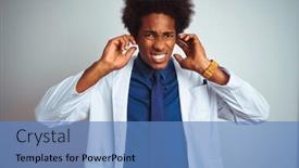  Presentation with noise - Presentation theme featuring young african american doctor man wearing coat standing over isolated white background covering ears with fingers with annoyed expression for the noise of loud music deaf concept background and a teal colored foreground