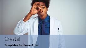  Presentation with eye doctor - Presentation design having young african american doctor man wearing coat standing over isolated white background doing ok gesture shocked with surprised face eye looking through fingers unbelieving expression background and a light blue colored foreground
