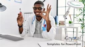  Presentation with medical smiling doctor - PPT theme enhanced with young-african-american-doctor-man background and a light gray colored foreground