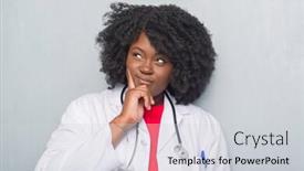  Presentation with african american woman question - Audience pleasing slide set consisting of young african american doctor woman over grey grunge wall with hand on chin thinking about question pensive expression smiling with thoughtful face doubt concept backdrop and a light gray colored foreground