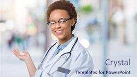  Presentation with medical smiling doctor - Beautiful slides featuring american doctor woman wearing medical backdrop and a lemonade colored foreground