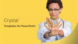  Presentation with medical sign - Beautiful presentation theme featuring young african american doctor woman wearing medical coat over isolated background rejection expression crossing arms and palms doing negative sign angry face backdrop and a yellow colored foreground