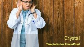  Presentation with medical ear - Presentation theme enhanced with young african american doctor woman wearing medical coat over isolated background trying to hear both hands on ear gesture curious for gossip hearing problem deaf background and a tawny brown colored foreground