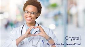  Presentation with medical heart - Slide set having young african american doctor woman wearing medical coat over isolated background smiling in love showing heart symbol and shape with hands romantic concept background and a sky blue colored foreground