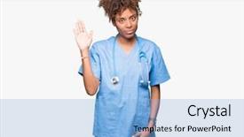  Presentation with doctor african - Theme enhanced with young african american doctor woman over isolated background waiving saying hello happy and smiling friendly welcome gesture background and a light blue colored foreground