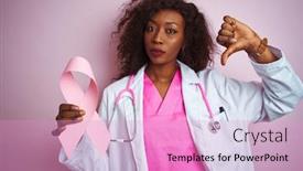  Presentation with pink ribbon - Slide set with young african american doctor woman holding cancer ribbon over isolated pink background with angry face negative sign showing dislike with thumbs down rejection concept background and a lemonade colored foreground