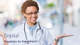  Presentation with doctor african - Presentation theme with young african american doctor woman wearing medical coat over isolated background smiling showing both hands open palms presenting and advertising comparison and balance background and a sky blue colored foreground