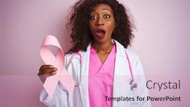  Presentation with cancer - Amazing slide set having young african american doctor woman holding cancer ribbon over isolated pink background scared in shock with a surprise face afraid and excited with fear expression backdrop and a lemonade colored foreground