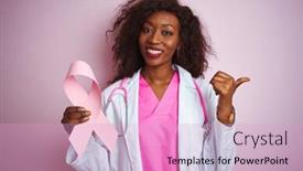  Presentation with cancer - Slide set featuring young african american doctor woman holding cancer ribbon over isolated pink background pointing and showing with thumb up to the side with happy face smiling background and a lemonade colored foreground