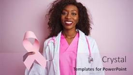  Presentation with cancer - PPT theme featuring young african american doctor woman holding cancer ribbon over isolated pink background with a happy face standing and smiling with a confident smile showing teeth background and a lemonade colored foreground