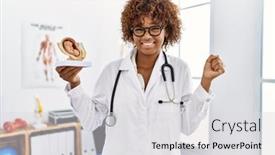  Presentation with doctor african - Presentation theme enhanced with young-african-american-doctor-woman background and a light gray colored foreground