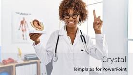  Presentation with african american woman question - Slide deck featuring young-african-american-doctor-woman background and a light gray colored foreground