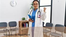  Presentation with doctor african - Presentation design having young-african-american-doctor-woman background and a coral colored foreground