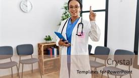  Presentation with african american woman question - Presentation design enhanced with young-african-american-doctor-woman background and a  colored foreground