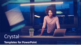  Presentation with coworking - Presentation design consisting of young african american female entrepreneur freelancer working using a laptop in night coworking space background and a navy blue colored foreground