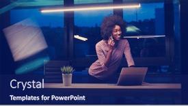  Presentation with coworking - Colorful presentation design enhanced with young african american female entrepreneur freelancer working using a laptop in night coworking space backdrop and a navy blue colored foreground