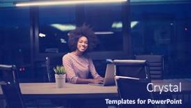  Presentation with coworking - Presentation with young african american female entrepreneur freelancer working using a laptop in coworking space background and a navy blue colored foreground