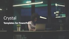  Presentation with coworking - Cool new presentation theme with young african american female entrepreneur freelancer working using a laptop in coworking space backdrop and a dark gray colored foreground