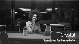  Presentation with coworking - Slide deck with young african american female entrepreneur freelancer working using a laptop in coworking space background and a dark gray colored foreground
