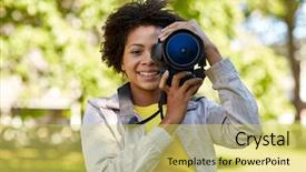  Presentation with business technology concepts digital lifestyle - Slide set with young african american female photographer background and a yellow colored foreground