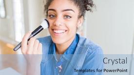  Presentation with blush - Colorful presentation enhanced with young african american girl appying blush using make up brush with a happy face standing and smiling with a confident smile showing teeth backdrop and a light blue colored foreground