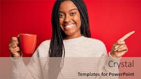  Presentation with cup coffee - Beautiful PPT layouts featuring young-african-american-girl-drinking backdrop and a coral colored foreground