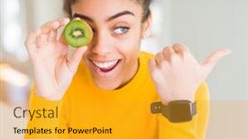  Presentation with kiwi - Audience pleasing presentation design consisting of young african american girl eating green kiwi pointing and showing with thumb up to the side with happy face smiling backdrop and a gold colored foreground