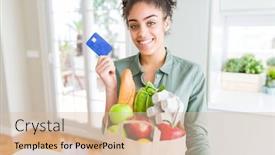  Presentation with payment - Theme consisting of young african american girl holding paper bag of groceries and credit card as payment with a happy face standing and smiling with a confident smile showing teeth background and a lemonade colored foreground